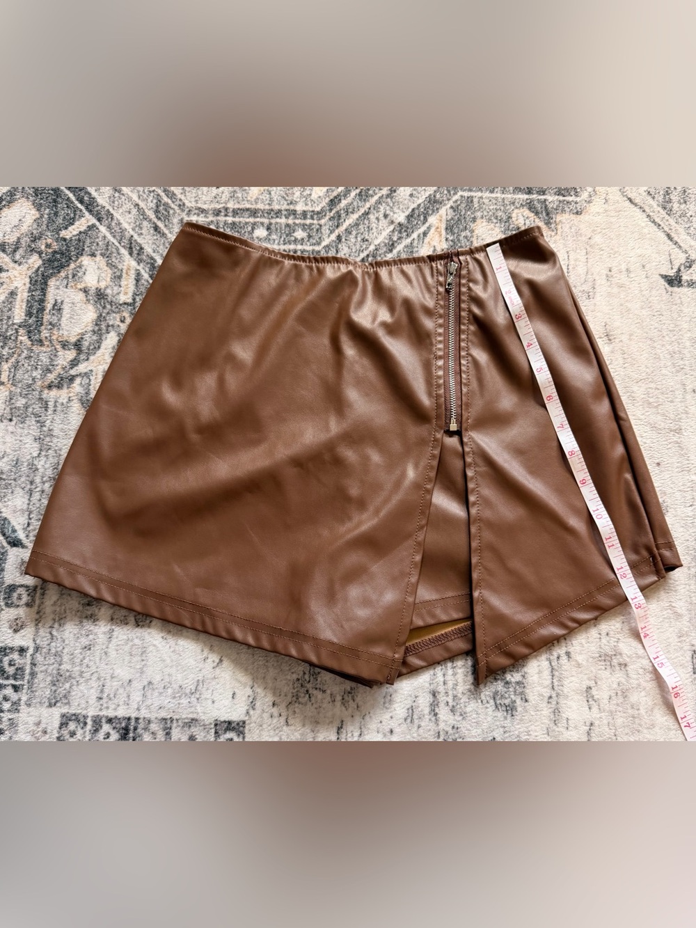 SHEIN Brown Faux Leather Mini Zip Skort